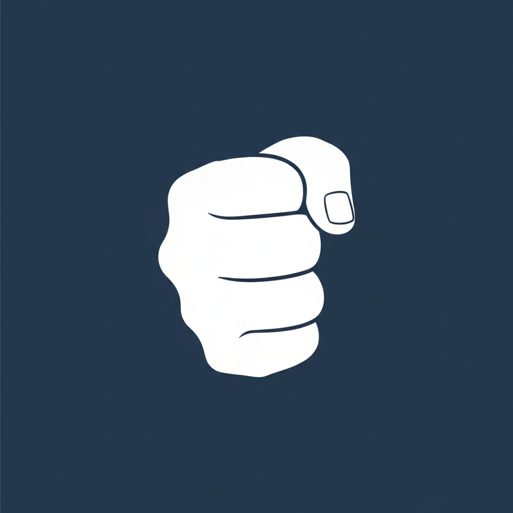 Minimalist flat icon. A single closed fist punching straight toward the viewer, knuckles facing front, thumb tucked to the side. The fist is a pure white silhouette, large and bold, centered on a solid deep navy blue (#1a2a4a) square background — NO circle, NO ring, NO border, NO outline around the shape. Just white fist on flat navy square. Clean flat icon style, no shading, no gradients, no extra elements. Duotone, two colors only: navy blue background, white fist.
