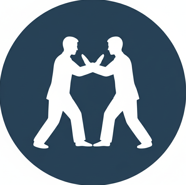 Minimalist flat duotone icon. Pure white silhouette on a solid deep navy blue (#1a2a4a) perfect circle background. No white border or ring around the circle. Two martial artists performing Tui Shou (Push Hands) in side profile facing each other. They stand extremely close — their front feet touching toe-to-toe. Each fighter has both arms bent, forearms making contact with the opponent's forearm near the elbow — NOT at the hands. The contact is forearm-to-forearm at mid-arm level. Bodies upright, slight forward lean. The two figures form a nearly symmetrical mirror image, very compact and close. Clean bold iconic white silhouette only. No shading, no outlines, no background details. Duotone: navy blue circle, white figures only. Square canvas.